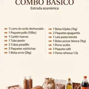 Combo Básico de La Pikadera con lomo de cerdo, pollo, huevos, arroz, frijoles y otros productos
