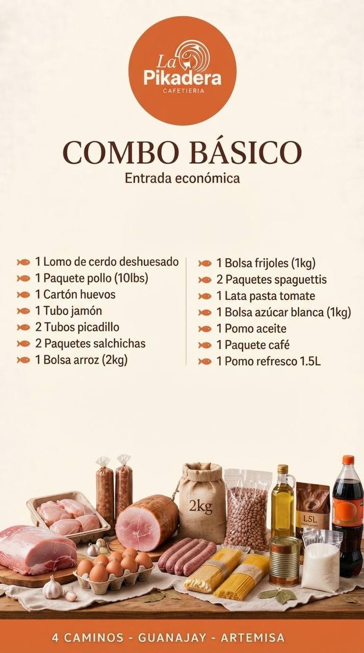 Combo Básico de La Pikadera con lomo de cerdo, pollo, huevos, arroz, frijoles y otros productos