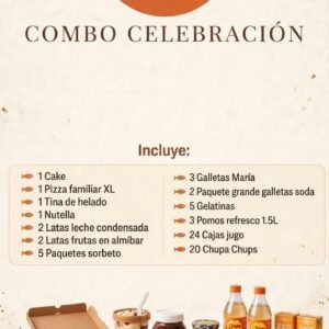 Combo Celebración de La Pikadera con cake, pizza familiar, helado, jugos, galletas y dulces