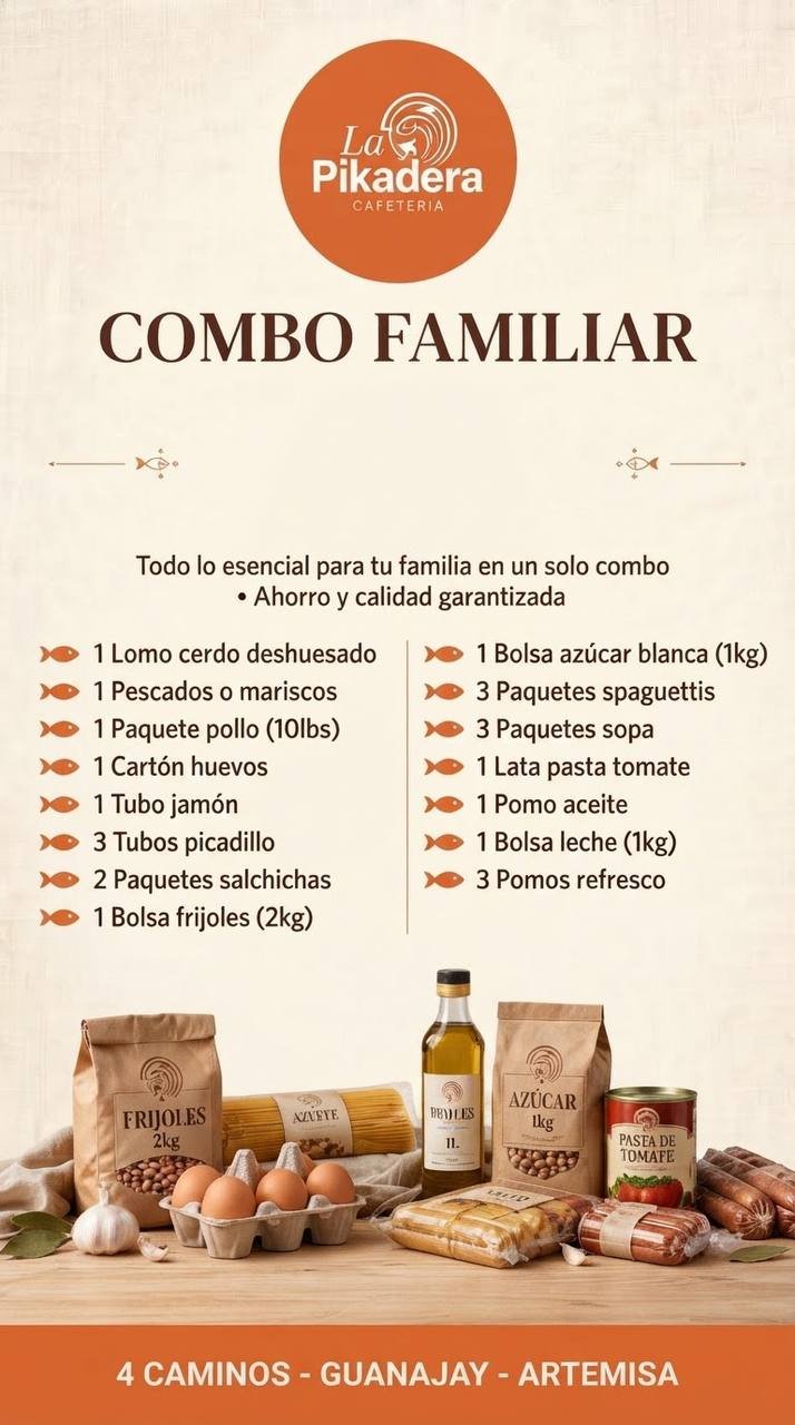 Combo Familiar de La Pikadera con cerdo, pollo, pescado, huevos, frijoles, aceite y otros productos