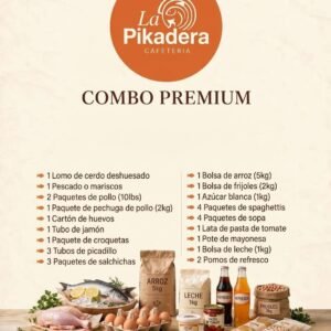 Combo Premium de La Pikadera con cerdo, pollo, pescado, arroz, frijoles, leche y otros productos